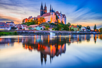 Fototapeta premium Meissen, Germany. Albrechtsburg Cathedral reflection on the River Elbe, Saxony.