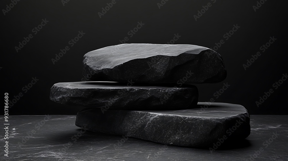 Canvas Prints stack of three black rocks on a dark surface.