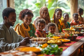 Fototapeta premium traditional Ethiopian family celebrating Enkutatash, in colorful cultural attire, gathered around festive table with injera, doro wat, and other traditional dishes, highlighting the joyful atmosphere