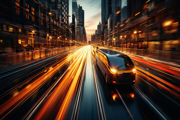 Abstract view of urban traffic dynamics at sunset