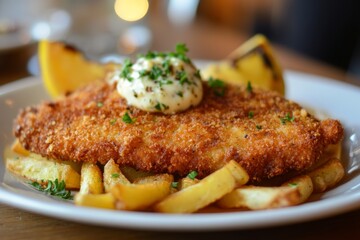 vegan Wiener Schnitzel dish with potatoes and creamy sauce
