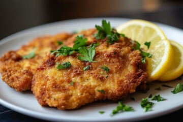 vegan Wiener Schnitzel dish served with lemon