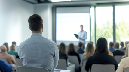 Business presentation in modern office setting with audience paying attention to speaker. Professional atmosphere highlights corporate learning environment.