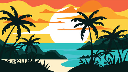 A vibrant tropical sunset scene with silhouetted palm trees, a beach, and mountains against a colorful sky, capturing the serene beauty of a coastal paradise.

