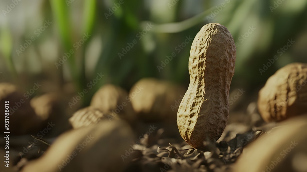 Poster close-up of a peanut in its shell among others in a field.