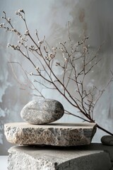 Natural stone podium mockup with textured background and graceful branches for product presentation