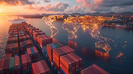 Global logistics network with shipping at sunset