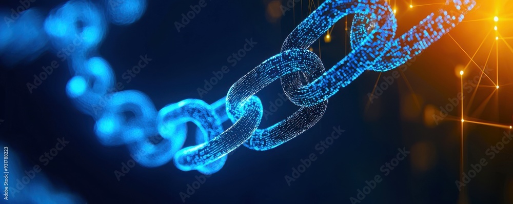 Poster a close-up of a digital chain symbolizing connection, security, and blockchain technology in a vibra