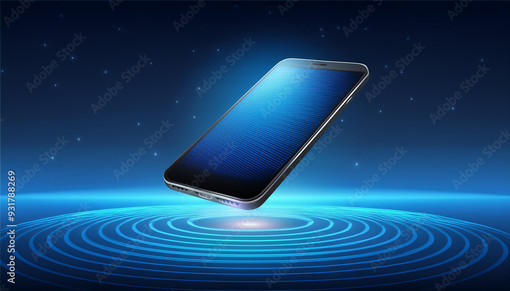 Poster modern floating phone on blue platform with illuminated stripe. .