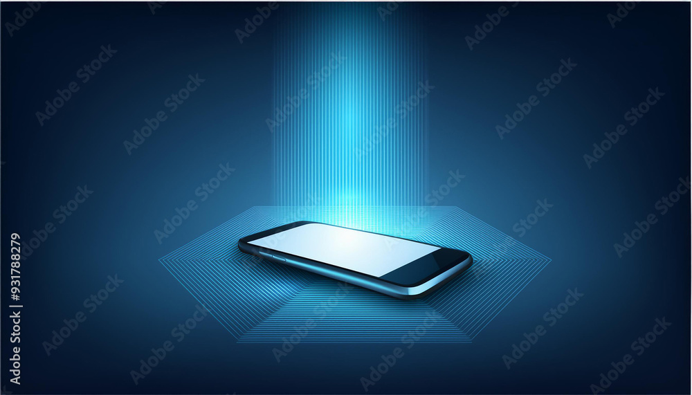 Poster modern floating phone on blue platform with illuminated stripe. .