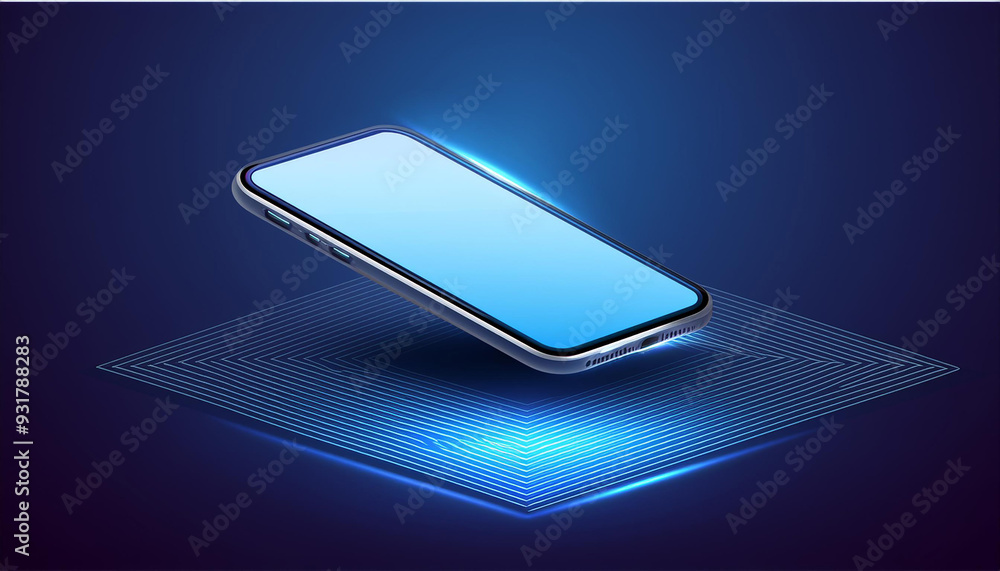 Poster modern floating phone on blue platform with illuminated stripe. .