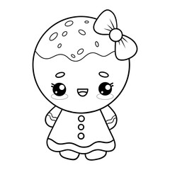 Cute Christmas gingerbread girl in dress with bow. Outline holiday cookie kawaii cartoon character. Line drawing, coloring book. Vector illustration. Kids collection