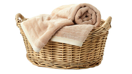 Obraz premium Clean and fresh towels neatly placed in a woven basket, highlighting their softness and organization isolated on transparent background cutout png