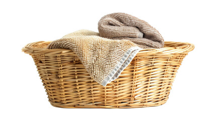 Obraz premium Clean and fresh towels neatly placed in a woven basket, highlighting their softness and organization isolated on transparent background cutout png