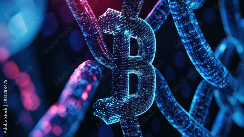 Poster a close-up of a glowing bitcoin symbol amidst a complex network of digital strands, representing cry