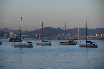 Fototapeta premium Sailing boats on the water at dusk in Hong Kong