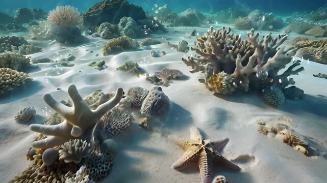Natural concept of the seabed with some coral reefs, starfish, shells and white sand. Seamless 4K looping timelapse video animation background