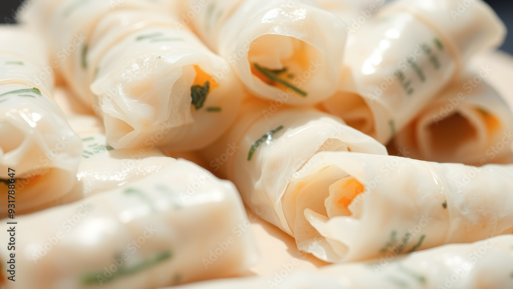 Poster Closeup of White Rice Rolls with Green Herbs and Orange Filling