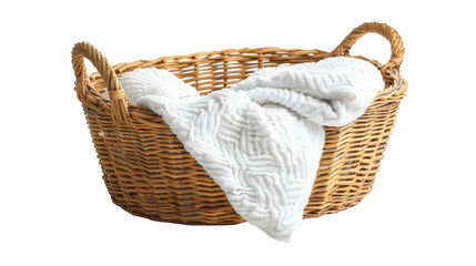Obraz premium Clean and fresh towels neatly placed in a woven basket, highlighting their softness and organization isolated on transparent background cutout png