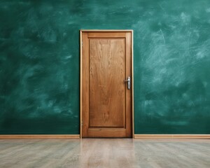 Visualize a teacher welcoming students into the classroom focus on, educational enthusiasm, realistic, Fusion, classroom door backdrop