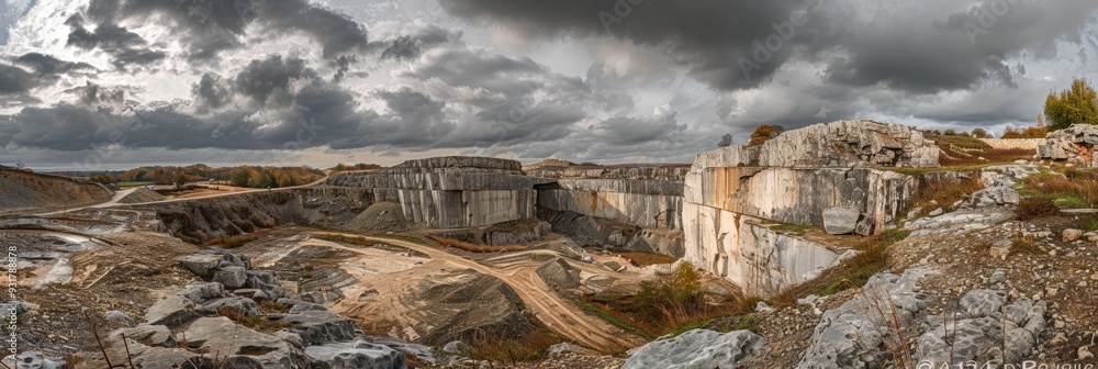 Poster overcast sky over a large limestone quarry revealing stratified rock structures and curving access p