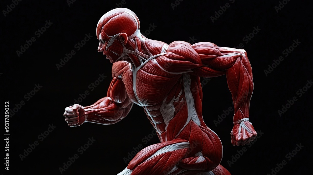Poster the depiction focuses on muscle fibers contracting powerfully during a running motion, highlighting 