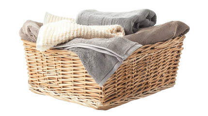 Clean and fresh towels neatly placed in a woven basket, highlighting their softness and organization isolated on transparent background cutout png