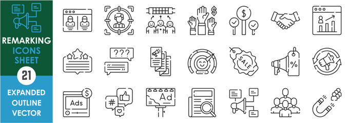 A set of line icons related to Remarking. Market, sell, advertise, review, customer, megaphone, magnet, customer satisfaction, sale, target, bidding, and so on. Vector outline icons set.