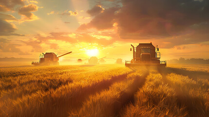 Fototapeta premium Group of harvesters harvesting ripe wheat field in autumn with sunset. Concept of agriculture, agronomy and crop collection.