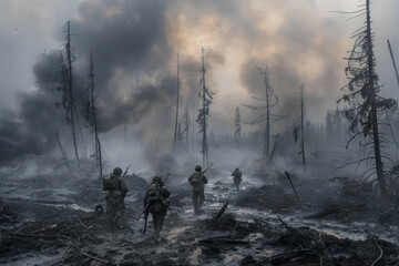 Soldiers traversing a desolate, war-torn forest