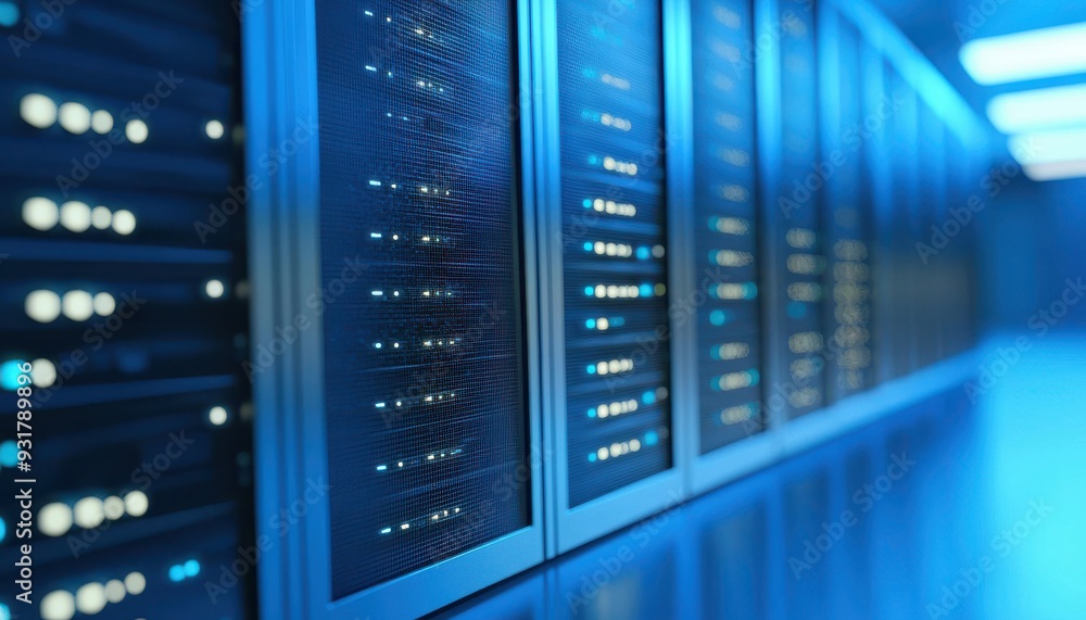 Poster a close-up view of a modern data server unit illuminated by blue lights, showcasing advanced technol