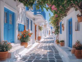  a charming scene in a Greek village, featuring a narrow cobblestone street with white houses and blue doors, lined with potted plants and flowers.