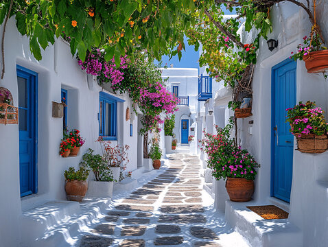 Fototapeta  a charming scene in a Greek village, featuring a narrow cobblestone street with white houses and blue doors, lined with potted plants and flowers.