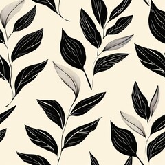 Fototapeta premium Seamless floral pattern of abstract black leaves on a creamy beige background.