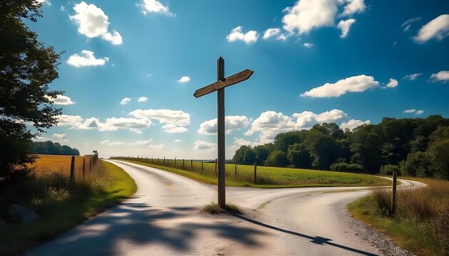 Make a choice concept, choose a direction, a country road forks into two directions.