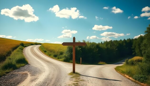 Make a choice concept, choose a direction, a country road forks into two directions.