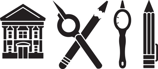 A clean vector icon set including a pencil, eraser, school building, and scissors 