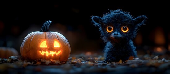 Spooky Halloween Pumpkin with Glowing Eyes and Zombie Goat Creature