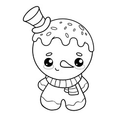 Cute Christmas gingerbread man snowman in hat top and scarf. Outline festive kawaii cartoon character. Line drawing, coloring book. Vector illustration. Kids collection