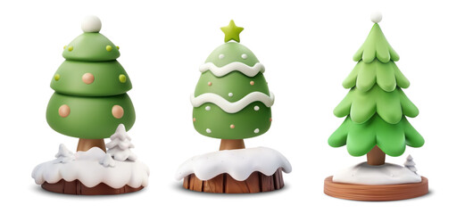 Fototapeta premium Set of three adorable 3D vector Christmas trees with festive decorations, perfect for holiday-themed projects and winter celebrations. Each tree features unique ornaments and snow-covered bases