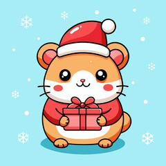 Cute Hamster in Santa Hat Holding a Gift Against a Snowflake Background