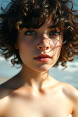 Close-up Portrait of a Young Woman with Curly Hair
