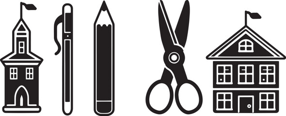 A clean vector icon set including a pencil, eraser, school building, and scissors 