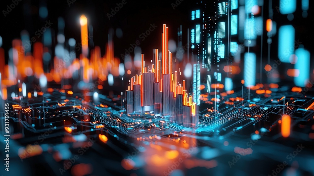 Poster a three-dimensional graph with candlestick patterns to depict erratic cryptocurrency cost