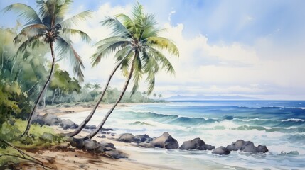 Fototapeta premium Palm trees on the beach with sea in the ocean. Watercolor painting