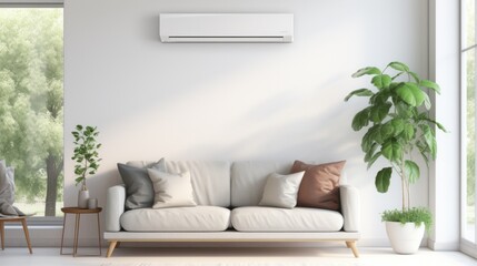 Air conditioner on white wall in living room with sofa and potted plants near window.