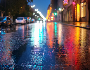 Obraz premium Rainy Night City Street with Colorful Lights Reflecting on Wet Pavement