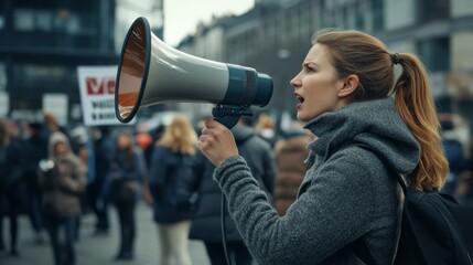 Woman holding megaphone sharing a news message on the road, with a strong focus on advertising.