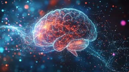 Fototapeta premium A neural network appears to form within the brain, showcasing bright connections and patterns amidst a vibrant digital backdrop