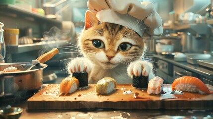 Cat Chef Preparing Sushi.